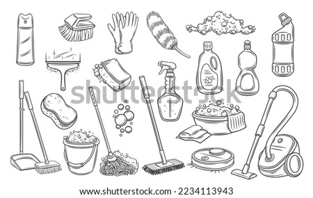 Cleaning kit outline icons set vector illustration. Line hand drawn equipment, cleaning inventory and tools to clean wash and disinfect house, bucket and mop, spray bottle with detergent cleaner