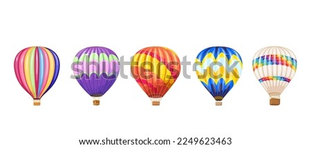 Hot Air Balloon set vector illustration. Cartoon isolated Turkish airship collection with creative colorful parachutes and baskets for national sport and fun event for tourists in Cappadocia, Turkey