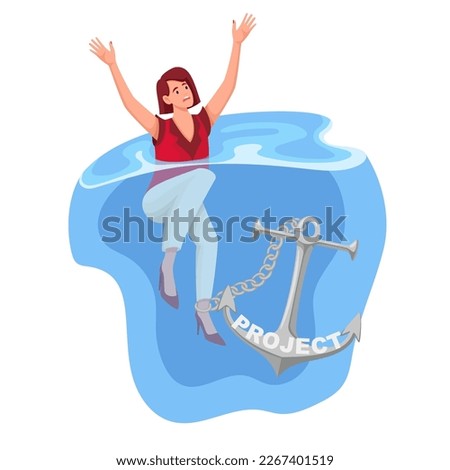 Business person drowning in water vector illustration. Cartoon businesswoman connected by chain to anchor of bad business project, stress of woman sinking under weight of guilt and waste ideas