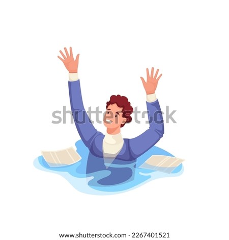 Business person drowning in water with paper documents vector illustration. Cartoon man falling and sinking, financial and corporate career crisis or failure in business project of businessman