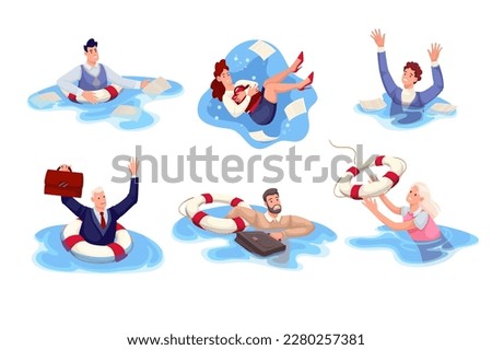 Business people drown in water set vector illustration. Cartoon businessman in need of rescue and help, swimming with lifebuoy to survive, businesswoman sinking underwater with business documents