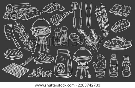 BBQ grill outline sketches set vector illustration. Hand drawn collection of barbecue food menu and cooking tools for picnic on black, sausage and meat steak, fish and vegetable meals for BBQ party