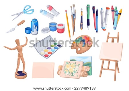 Artists tools set vector illustration. Cartoon isolated office and school stationery, art studio equipment collection to create pictures and graffiti, artists palette and paint brush, pencil and easel