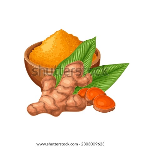 Tumeric root, green leaf and bowl with curcumin powder vector illustration. Cartoon isolated natural leaves, raw orange tuber of Curcuma longa cut into slices, cup with dry turmeric supplement