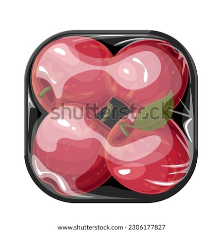 Red apples in plastic tray vector illustration. Cartoon isolated supermarket package with summer fruit and snack for eating, ripe apples inside styrofoam square container with polyethylene cover