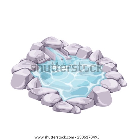 Japanese onsen pool vector illustration. Cartoon isolated pond with healthy thermal hot spring water and pile of natural pebbles and rocks in row, outdoor traditional onsen in spa resort of Japan