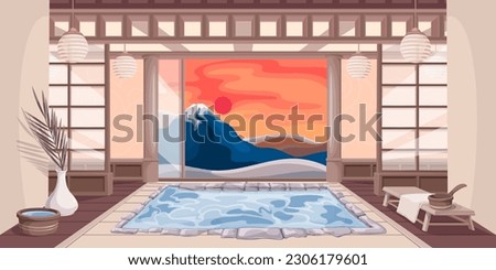 Japanese hot spring onsen in spa resort vector illustration. Cartoon room interior with Japan mountain landscape in open window, bath accessories, luxury onsen private pool with thermal water