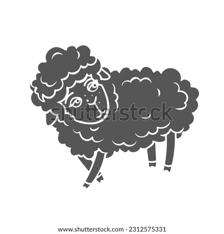 Cute sheep standing glyph icon vector illustration. Stamp of adorable lamb looking back, furry domestic baby animal for counting during insomnia, happy sheep character to help fall asleep in bed