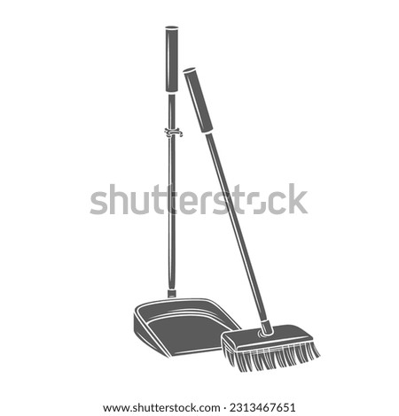 Dustpan and broom for cleaning glyph icon vector illustration. Stamp of plastic tools to sweep trash from dirty home floor, supplies of cleaning service for sweeping dust, housework and cleanup