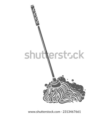 Floor mop glyph icon vector illustration. Stamp of broom with handle, mop with detergent foam to wash dirty surface in toilet, bathroom or living room, equipment of wiper and cleaning service employee