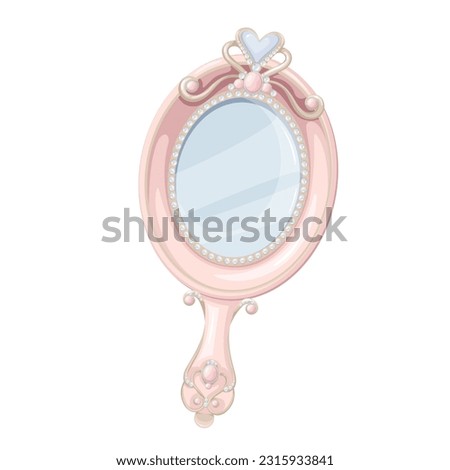 Princess mirror vector illustration. Cartoon isolated oval handheld mirror with handle for hand, glass and jewelry gems on pink frame, female antique decoration with treasure vintage ornament