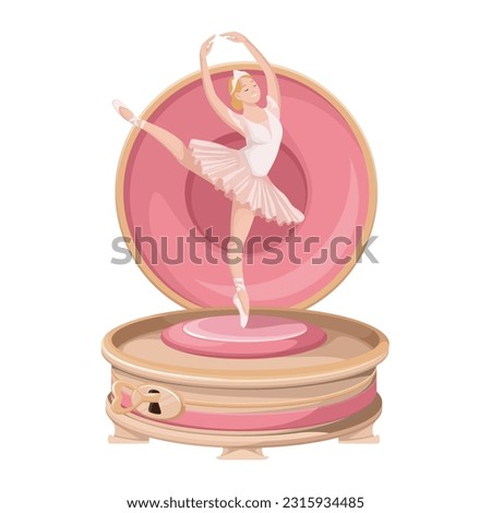 Music box with dancing ballerina vector illustration. Cartoon isolated antique clockwork box with metal heart key and cute ballet dancer doll in tutu dress and pointe shoes, jewellery sound casket