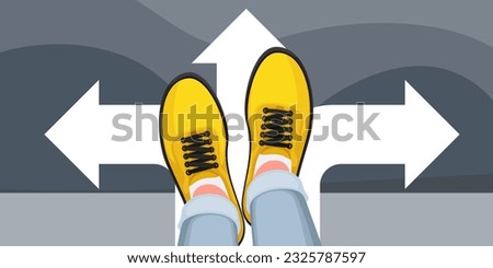Top view of mans feet on shoes standing on arrows to choose road vector illustration. Cartoon person in casual shoes on feet thinking about right first step forward, choice between alternative options