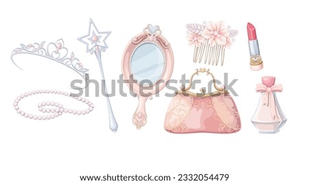 Princess jewelry and accessory set vector illustration. Cartoon isolated beauty fashion decoration of girl and makeup collection with precious mirror and princess crown, cosmetic bottle and magic wand