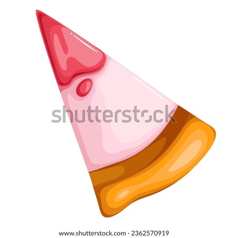 Cream pie slice, top view vector illustration. Cartoon isolated triangle piece of tart with crust, pink creamy filling and red berry jam or sauce for serving, portion of homemade pie for dessert