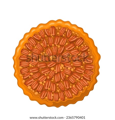 Pecan pie, top view vector illustration. Cartoon isolated baked warm dessert for autumn holidays, homemade rustic sweet tart with nuts filling, delicious whole pie and American cuisine recipe