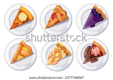 Sweet pies set, top view vector illustration. Cartoon isolated overhead bakery collection with different pieces of pies on round plates, portions of fruit tart with cream, berry jam or chocolate