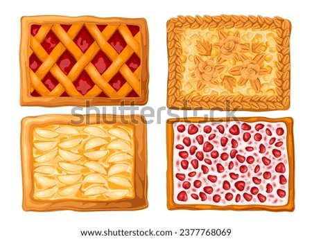 Sweet pies set, top view vector illustration. Cartoon isolated bakery and homemade collection of different rectangular fruit and berry pies, cakes and tart with baked gourmet filling and crust