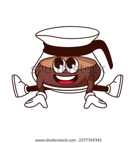 Groovy glass coffee pot character vector illustration. Cartoon isolated retro funny sticker of cute coffeepot container with arms and legs sitting, hot coffee maker mascot with smile on funky face