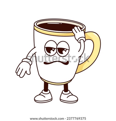 Groovy coffee cup character vector illustration. Cartoon isolated retro sleepy exhausted mascot with hot morning espresso, coffee for breakfast with arms and legs, tired comic expression on funny face