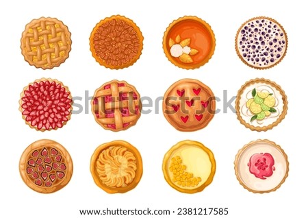 Sweet pies set vector illustration. Cartoon isolated top view of different baked delicatessen cakes for eating, homemade pastry or restaurant menu collection of whole shortcrust pie for dessert