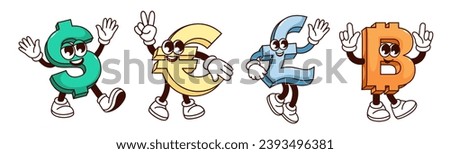 Groovy dollar, pound, euro and bitcoin characters vector illustration. Cartoon isolated money retro stickers, monetary signs collection with funny smiles, walking money mascots with arms and legs