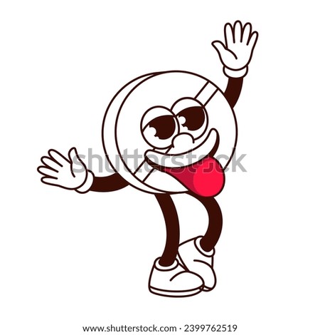 Groovy pill cartoon character with sticking tongue. Funny walking tablet with hand up, retro cartoon pill mascot. Cold and flu medicine emoji with arms and legs, sticker of 70s 80s vector illustration