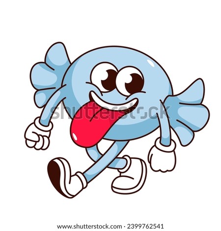 Groovy candy cartoon character with sticking tongue. Funny walking lollipop in blue wrapper, retro cartoon candy mascot and sticker of 70s 80s, comic wrapped cough drop emoji vector illustration