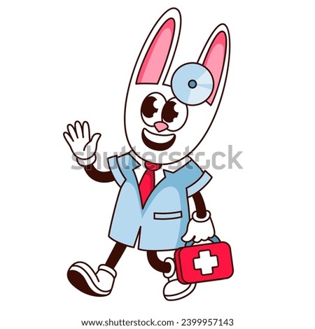 Groovy rabbit doctor cartoon character with first aid box. Happy funny animal in hospital coat walking, retro cartoon animal doctor mascot waving, comic bunny sticker of 70s 80s vector illustration