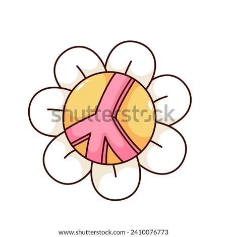 Groovy cartoon flower with hippy sign of peace and love. Funny retro floral mascot of hippie vibe, daisy emoji with pacifist emblem, summer flower cartoon sticker of 60s 70s style vector illustration