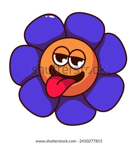 Groovy flower cartoon character with tongue sticking out. Funny retro mascot, cartoon flower with violet petals and trippy fun expression on face, emoji and sticker of 70s 80s vector illustration
