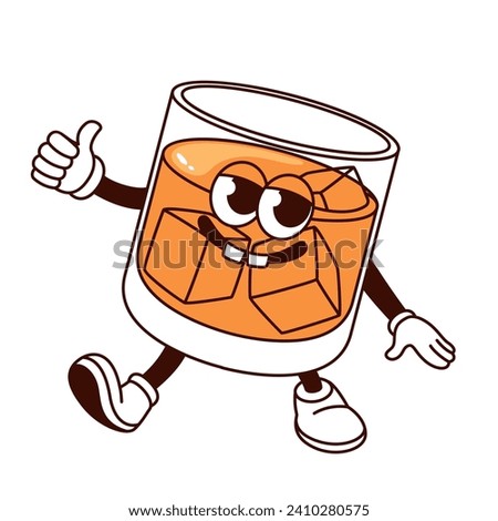 Groovy cartoon whiskey glass character with thumbs up. Funny cup of brandy or bourbon whiskey with ice cubes, retro hard alcohol drink mascot, cartoon sticker of 60s 70s style vector illustration