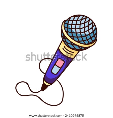 Groovy cartoon microphone with cord. Funny retro mic for hand of karaoke singer, concert speech and singing mascot, stage microphone with wire cartoon sticker of 70s 80s style vector illustration