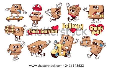 Groovy cardboard box cartoon characters set. Funny retro delivery mascots collection with cartoon courier boxes deliver store orders, stickers and typography patches of 70s 80s vector illustration