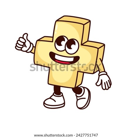 Groovy plus sign cartoon character with thumbs up. Funny retro yellow cross with gesture of approval and smile. Happy math symbol, plus mascot, cartoon sticker of 70s 80s style vector illustration