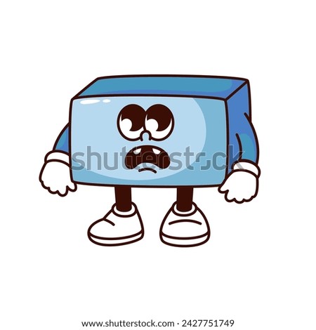 Groovy minus sign cartoon character with sad negative expression on face. Funny retro unhappy blue minus, comic math mascot, cartoon arithmetic subtraction sticker of 70s 80s style vector illustration