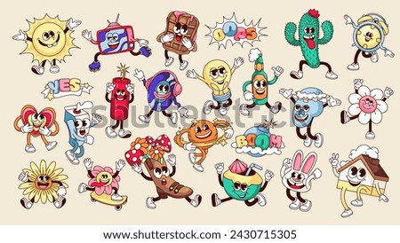 Groovy characters with surprise expressions on faces set vector illustration. Cartoon isolated retro typography stickers of Yes, Oops and Boom text, sun and flower, heart and TV characters collection