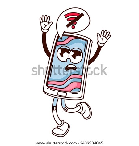 Groovy smartphone cartoon character with no wifi signal. Funny retro sad mobile phone running, error or bad wireless network mascot, cartoon wifi off sticker of 70s 80s style vector illustration