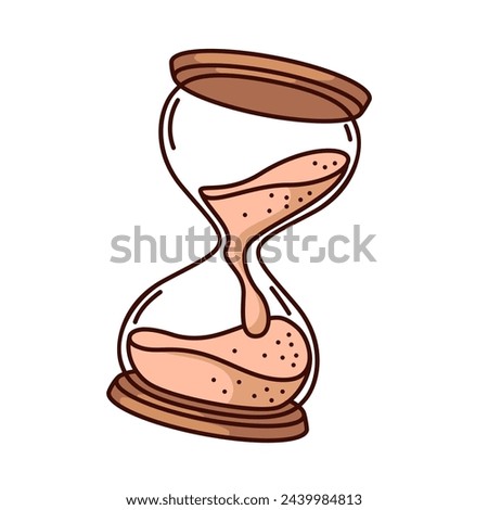 Groovy cartoon hourglass with falling sand. Funny retro transparent hourglass of past, countdown flow of time mascot, cartoon history glass sandclock sticker of 70s 80s style vector illustration