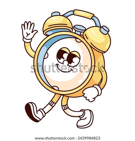 Groovy retro alarm clock cartoon character walking and waving. Funny yellow classic clock with bell, surprise and morning wakeup call mascot, cartoon alert sticker of 70s 80s style vector illustration
