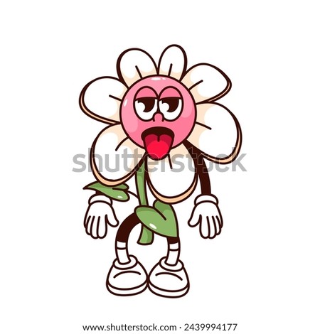 Groovy tired flower cartoon character with tongue sticking out. Funny retro bored spring daisy with sad expression, tiredness mascot, cartoon flower sticker of 70s 80s style vector illustration