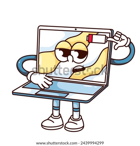 Groovy laptop cartoon character pointing at low battery with finger. Funny retro tired laptop with psychedelic waves on screen, tiredness mascot, cartoon sticker of 70s 80s style vector illustration