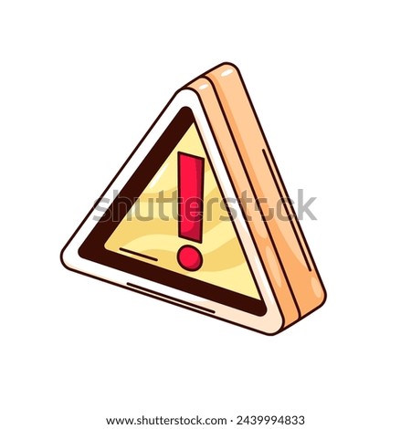 Groovy cartoon exclamation mark inside triangle frame. Funny retro exclamation point to alert to danger, attention and technical problem mascot, cartoon sticker of 70s 80s style vector illustration