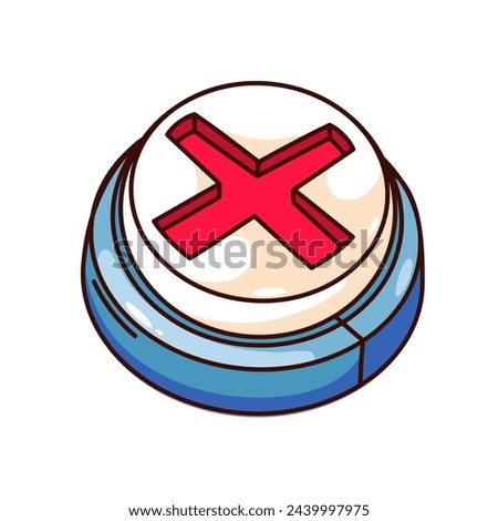 Groovy cartoon circle button with red cross. Funny retro cancel sign of mistake and ignore, cancel and stop, No vote mascot. Cartoon button with X symbol sticker of 70s 80s style vector illustration