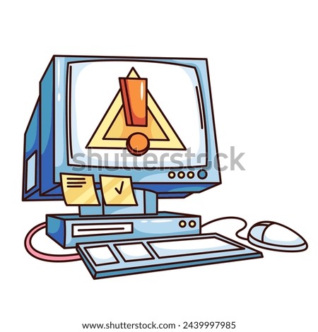 Groovy cartoon computer with exclamation mark on screen. Funny retro important system notification of danger, malware alert, error mascot. Cartoon computer sticker of 70s 80s style vector illustration