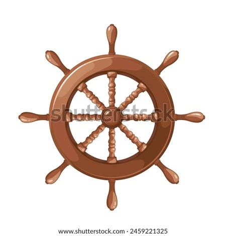 Wooden steering wheel, cartoon nautical equipment of ancient ship. Old helm with handles to steer pirate boat and cruise yacht, cartoon wheel of rudder for helmsman and captain vector illustration