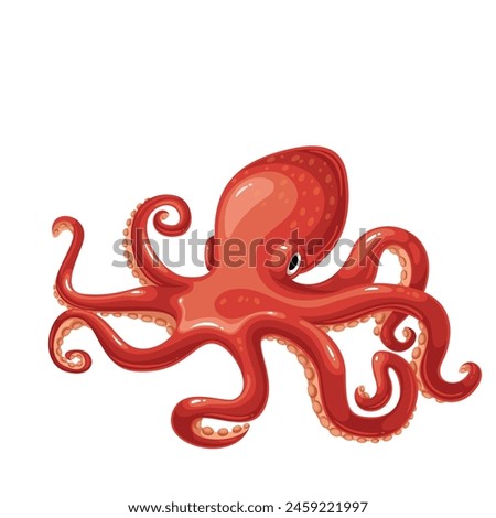 Red octopus with tentacles, cartoon sea and ocean animal. Cute giant kraken monster of fantasy story, cartoon creepy underwater cuttlefish with suckers on legs, swimming octopus vector illustration