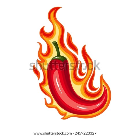 Red chili pepper in hot fire, cartoon burning pod. Whole fresh pepper in flame label, cartoon spicy vegetarian food ingredient and best condiment of pungent restaurant menu vector illustration