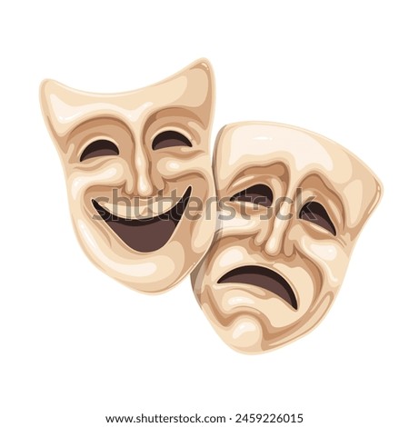 Theater masks with cartoon sad and happy faces. Two masks with expressions of laughter and sadness of actor, cartoon symbol of masquerade, theatrical drama or comedy performance vector illustration