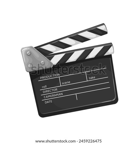 Open clapperboard, cartoon film production equipment. Clapper of director and producer assistant to clap and cut off movie scenes and action episodes, cartoon clapperboard vector illustration